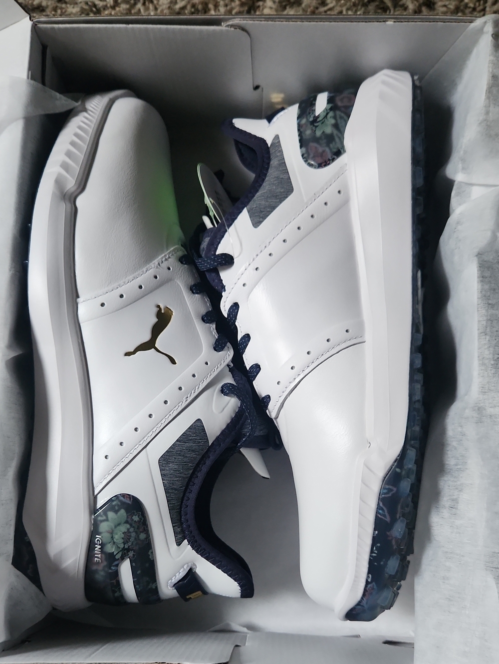 Puma White and Navy Golf Shoes with Gold Logo